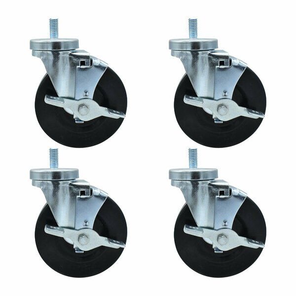 Bk Resources 5-inch Threaded Stem Casters, Hard Rubber Wheels, Brake, 300lb Cap, Grease/Water Resistant, 4PK 5SBR-4ST-HR-PS4